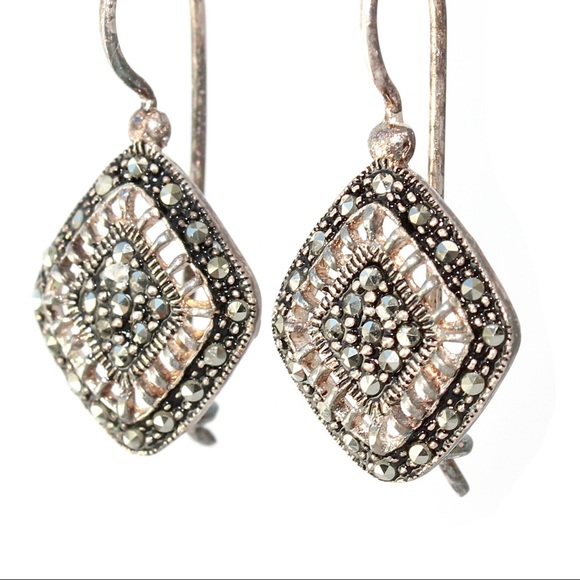 Marcasite Sterling Silver Drop Earrings Diamond Shape Kidney Wire Estate - Picture 2 of 5